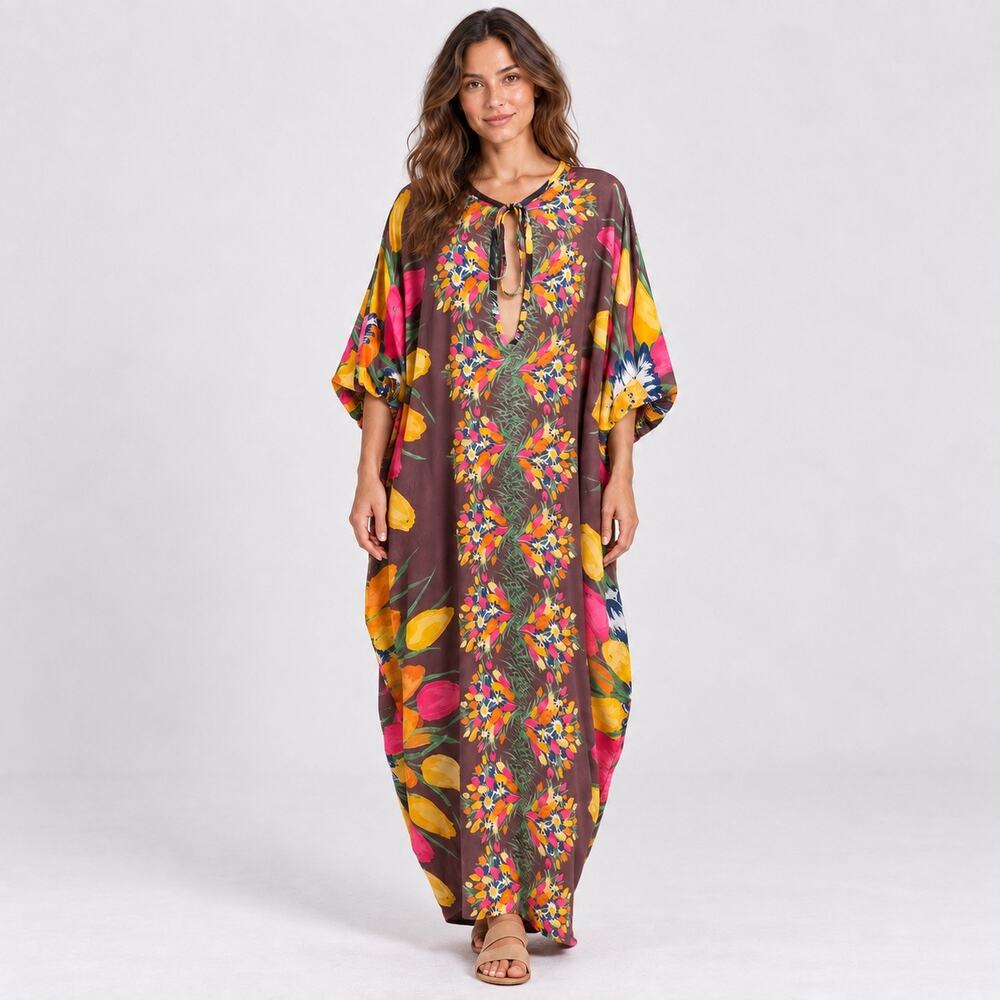 Vintage JCPenney Floral Caftan Robe Maxi Lounge Dress Nylon Keyhole USA -